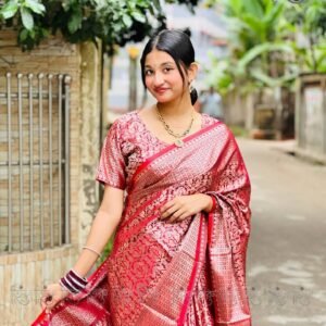 Pure Katan Silk Saree - Red with Golden Jacquard Weaving Work | Bridal/Reception with Blouse Piece