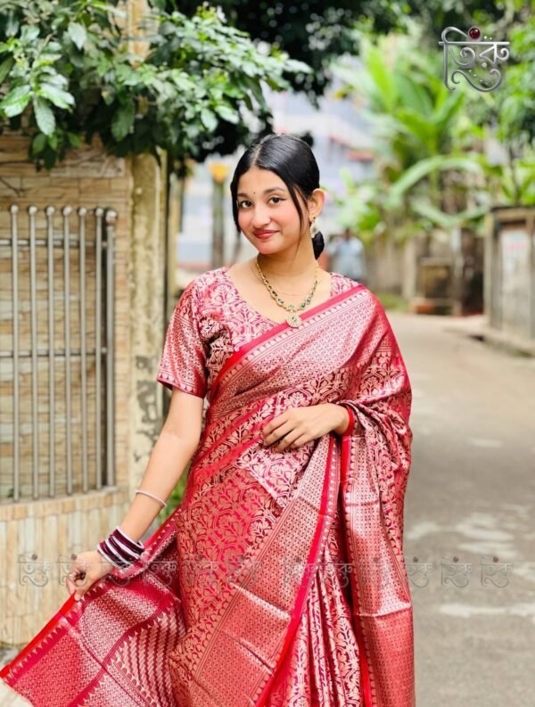 Pure Katan Silk Saree - Red with Golden Jacquard Weaving Work | Bridal/Reception with Blouse Piece