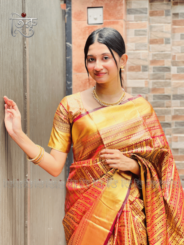 Pure Katan Silk Saree - Golden Yellow with Maroon Border
