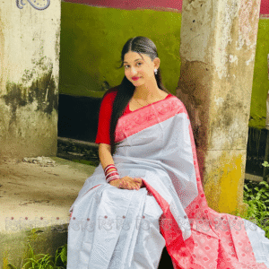 Pure Katan Silk Saree - Sada Lal (White-Red) with Blouse Piece