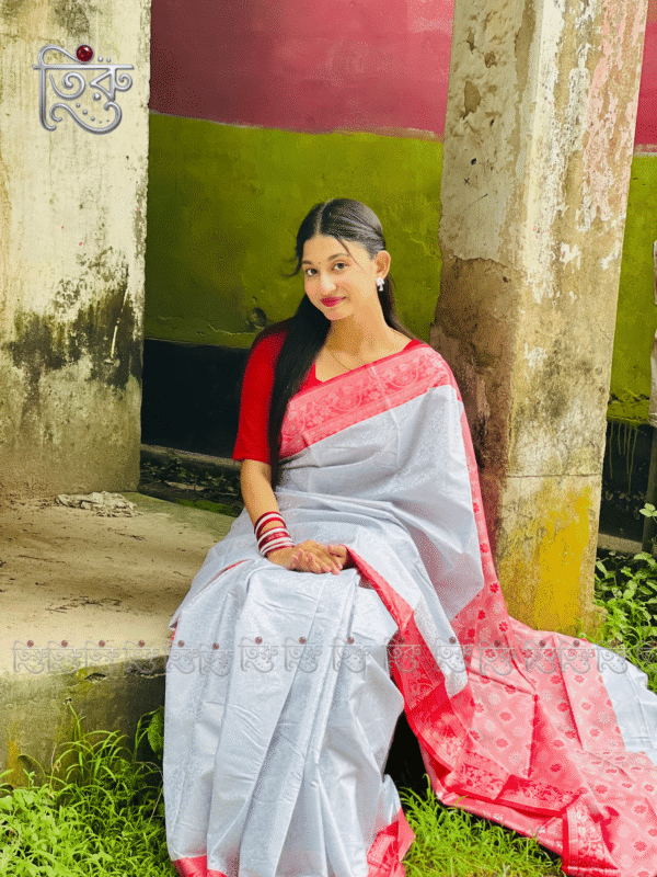 Pure Katan Silk Saree - Sada Lal (White-Red) with Blouse Piece