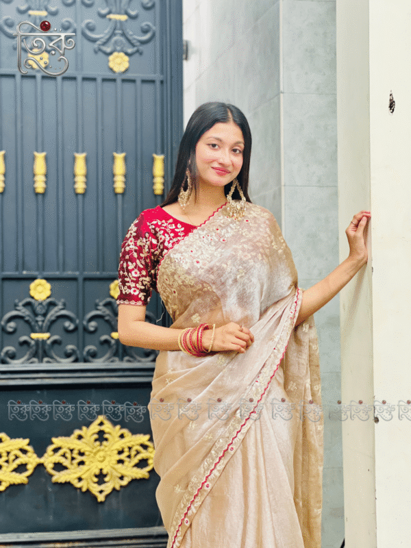 Party Wear Saree - Beige Fendi Silk with Ambodari Work