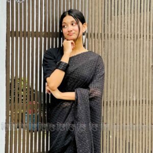 Party Wear Saree - Black Georgette with Diamond Stone Work