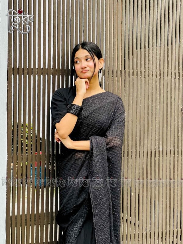 Party Wear Saree - Black Georgette with Diamond Stone Work