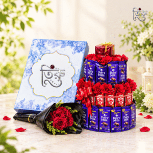 3-Tier Chocolate Tower Gift Combo with Rose Bouquet & Premium Gift Box