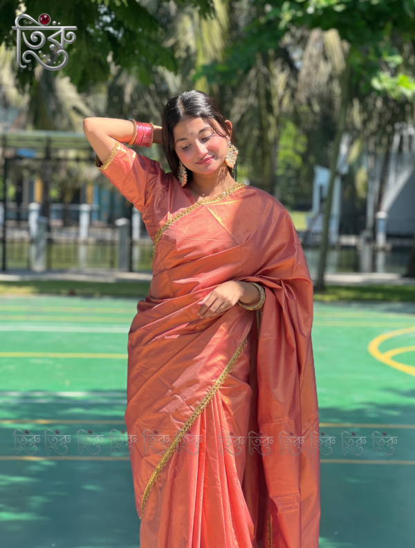 Tissue Silk Saree - Peach Copper Shimmer with Golden Lace Border | Blouse Piece Included